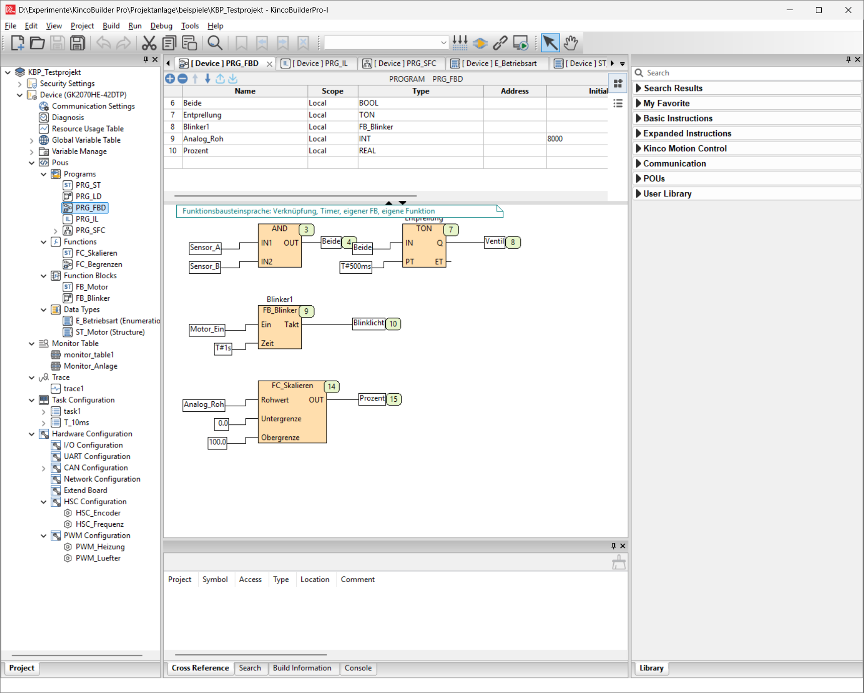 Kinco Builder Pro: function block diagram (FBD) with timer, user-defined function block and function