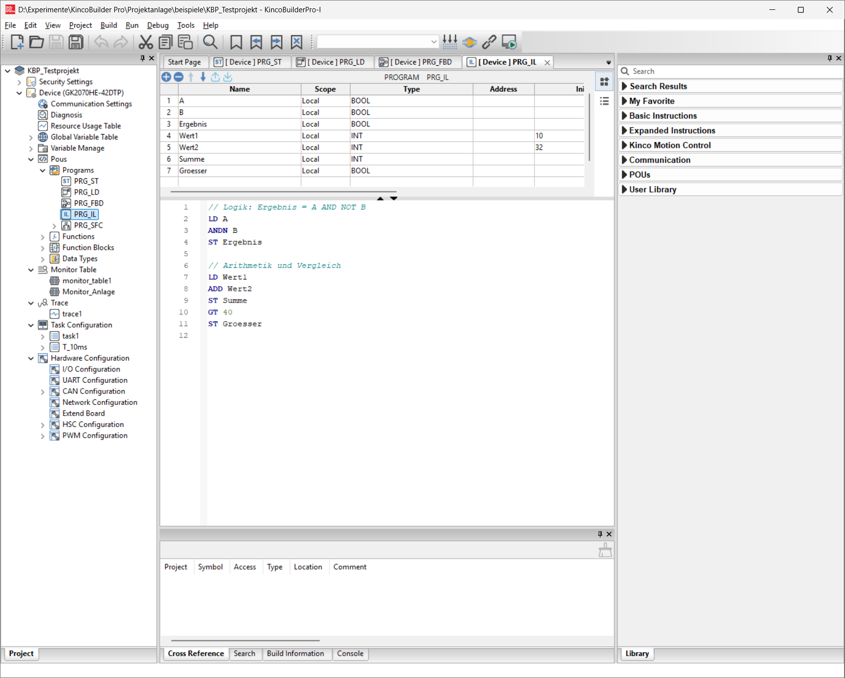 Kinco Builder Pro: instruction list (IL) with logic and arithmetic