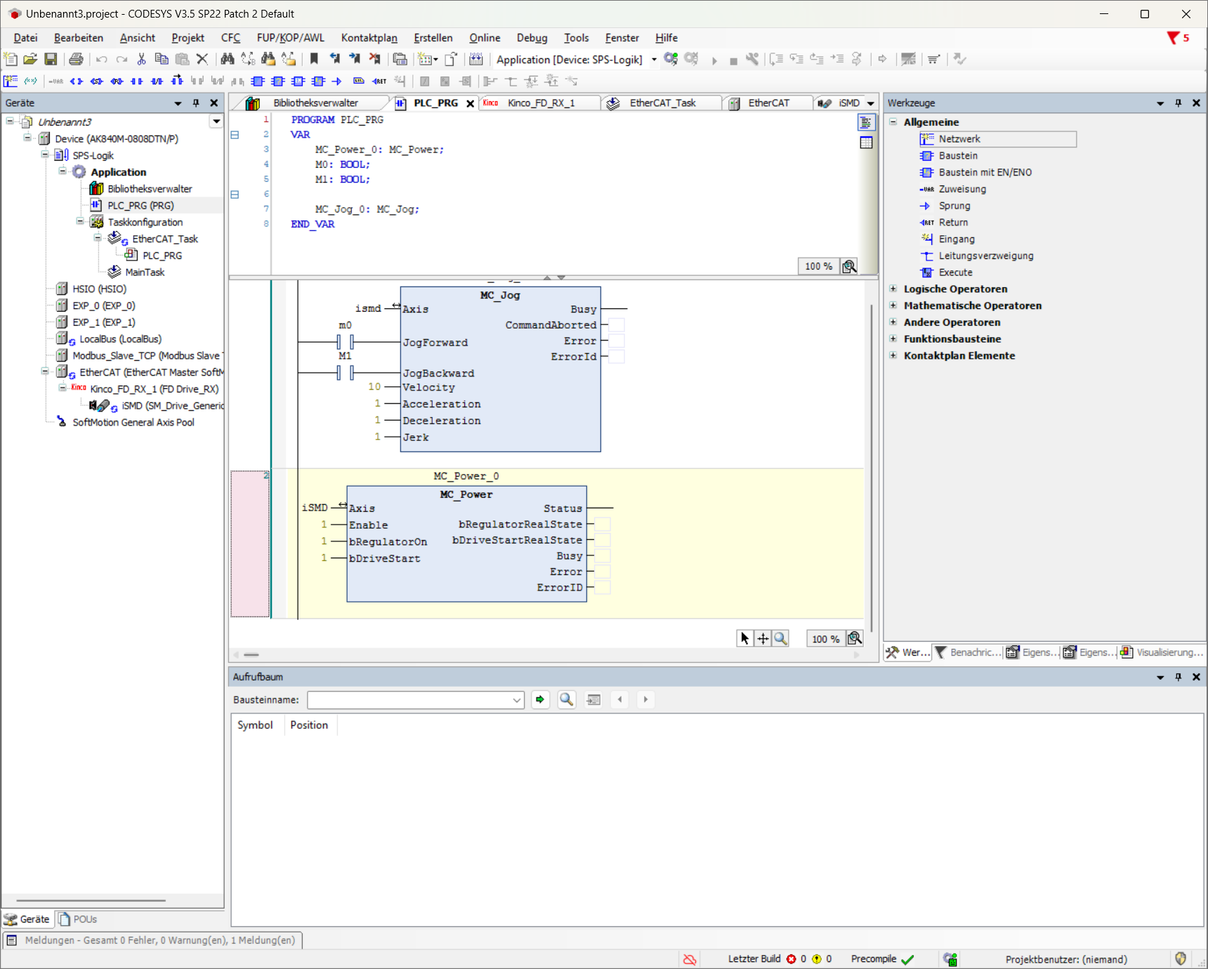 CODESYS Development System: Funktionsplan mit MC_Power und MC_Jog für eine Servoachse
