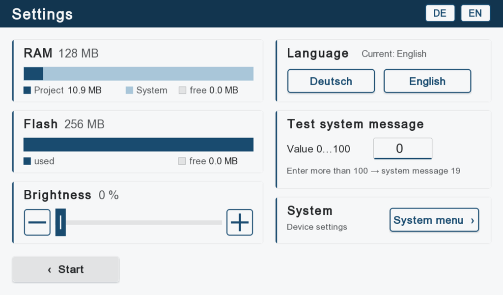 Settings page of the base project in English