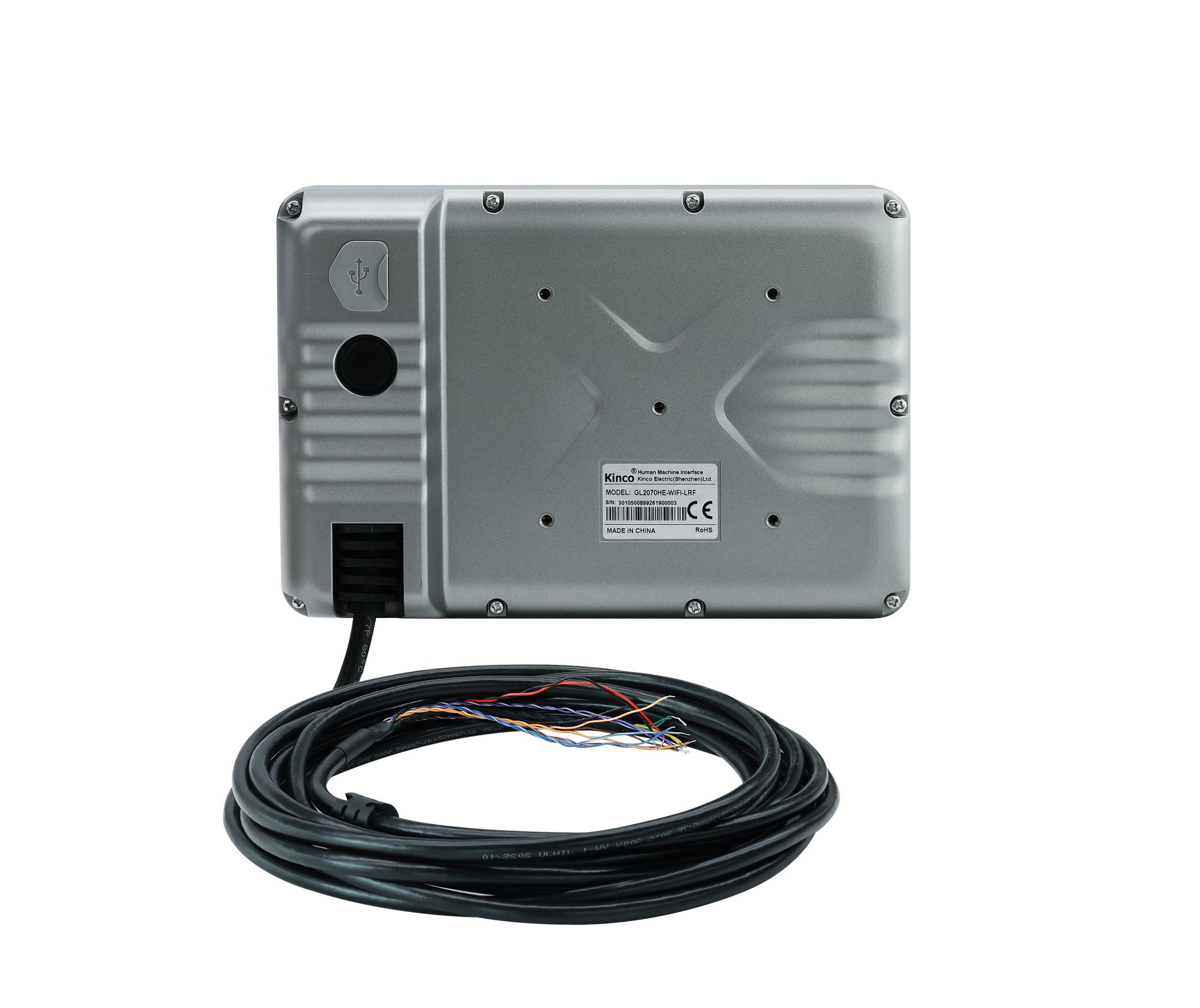 Kinco GL2070HE-WIFI-LRF – rear view with VESA 75 × 75 mm mount and cable exit