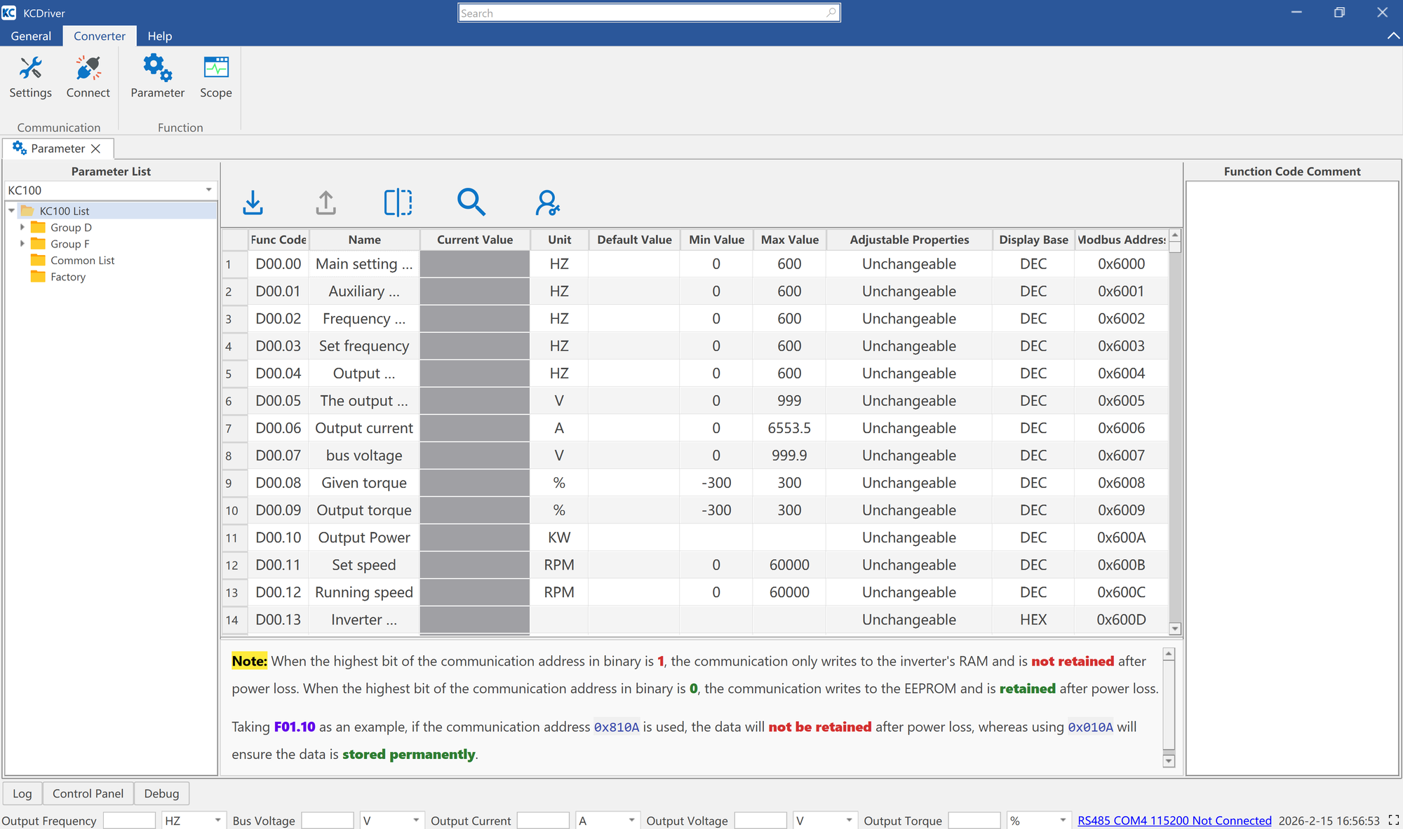 KC Driver software for parameterizing Kinco frequency inverters of the KC100 and KC200 series