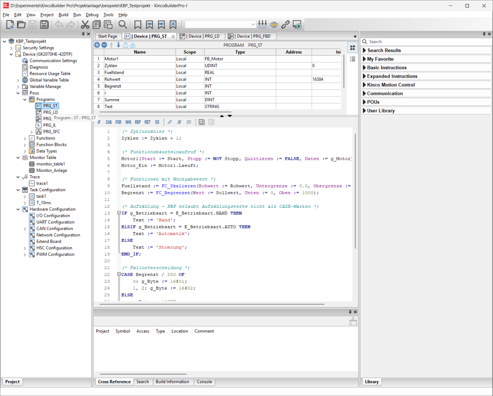 Kinco Builder Pro: structured text (ST) with function block call and CASE statement