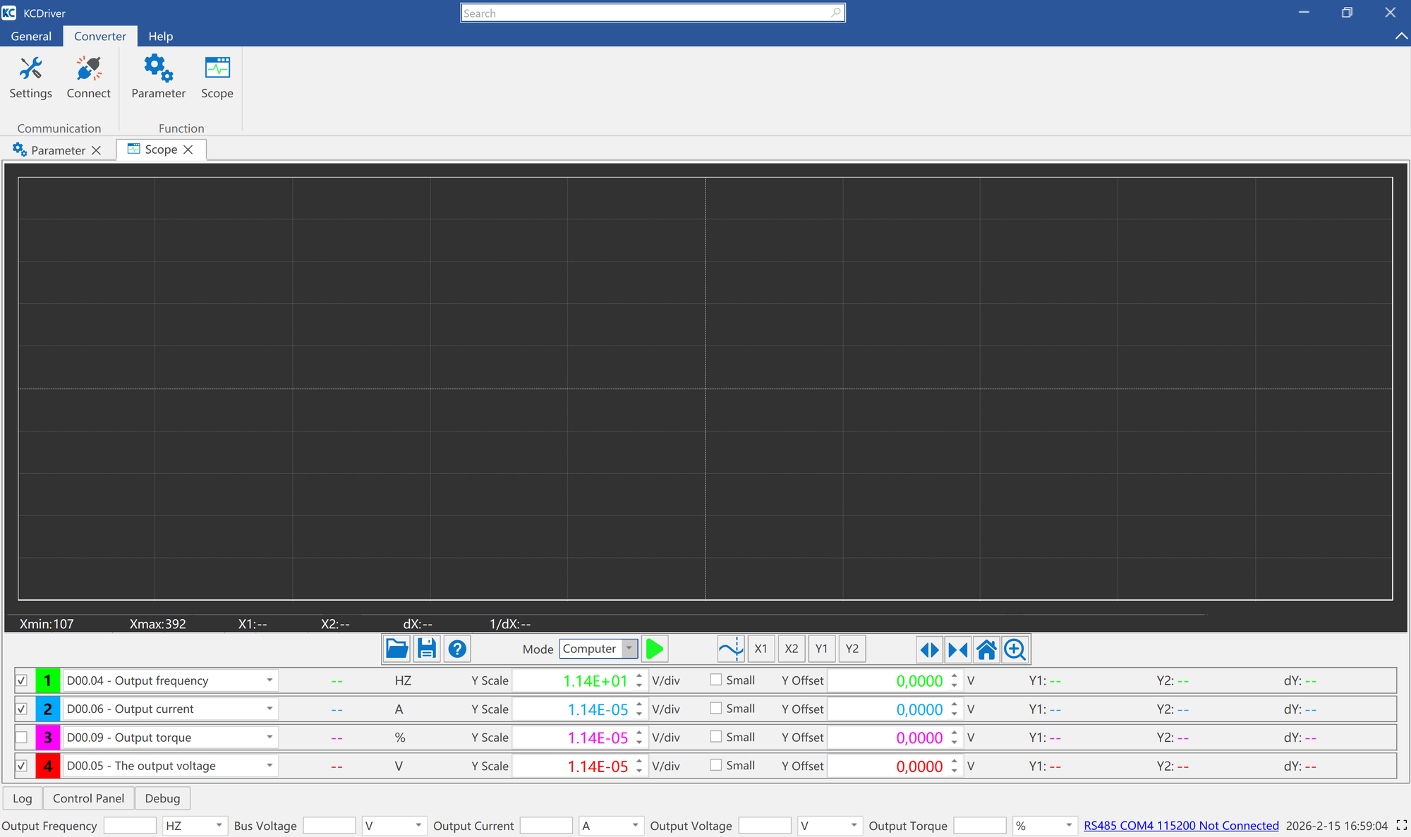 KC Driver software for parameterizing Kinco frequency inverters of the KC100 and KC200 series