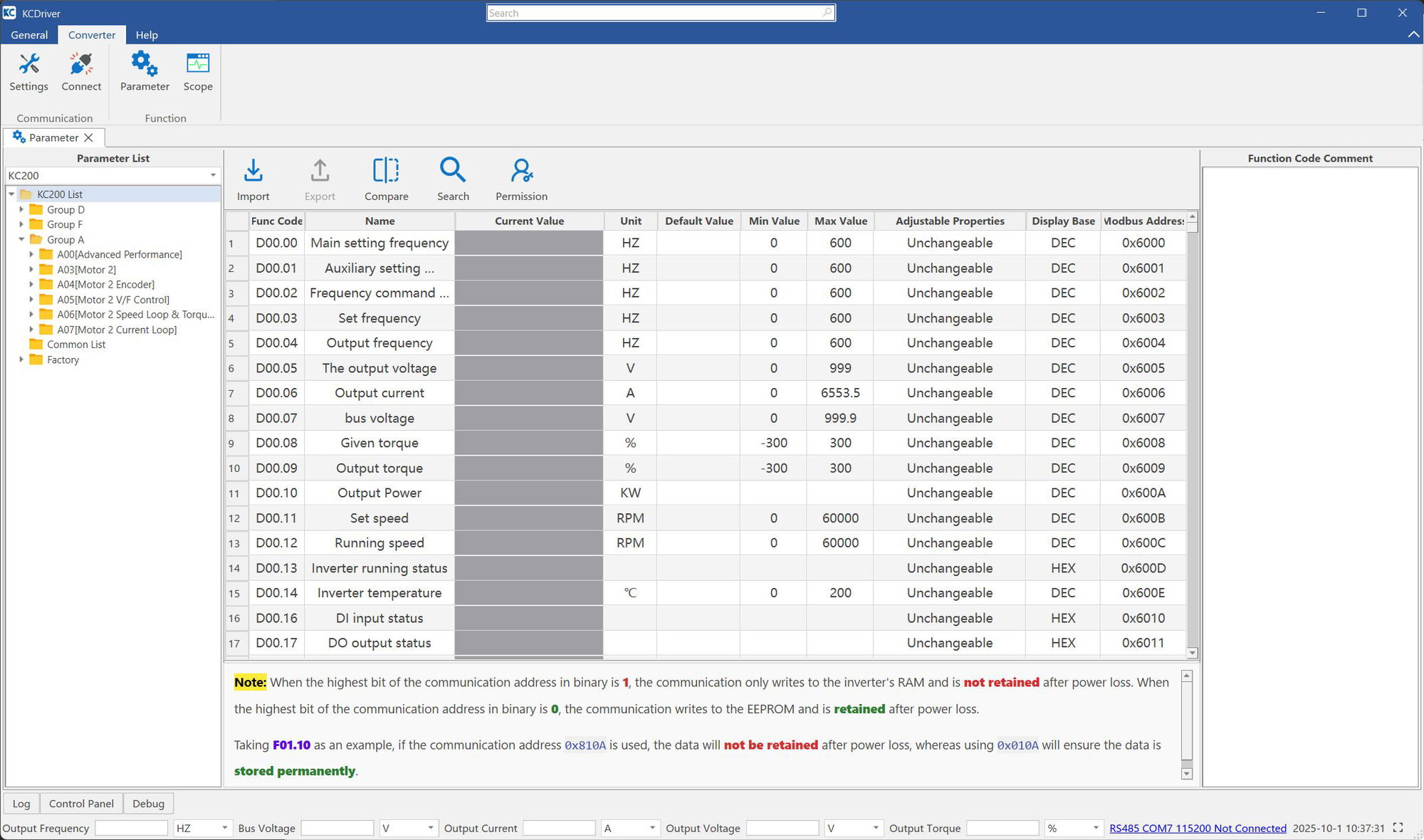 KC Driver software for parameterizing Kinco frequency inverters of the KC100 and KC200 series
