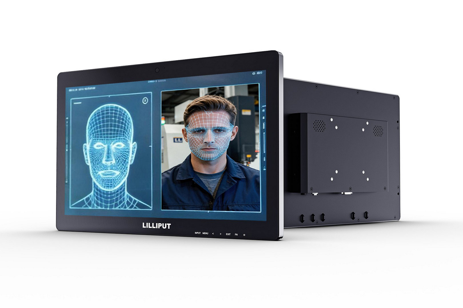 Lilliput AD15 15.6-inch industrial monitor with camera, front and rear view