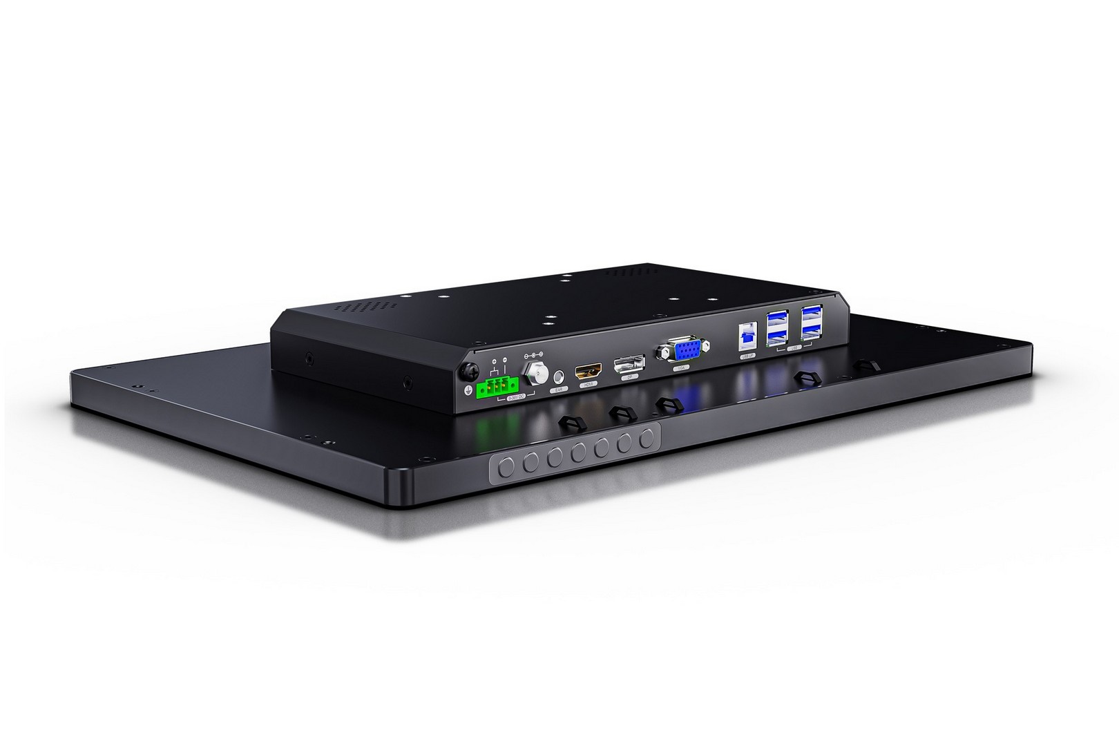 Lilliput AD15 connector side with Phoenix terminal, HDMI, DP, VGA and USB hub