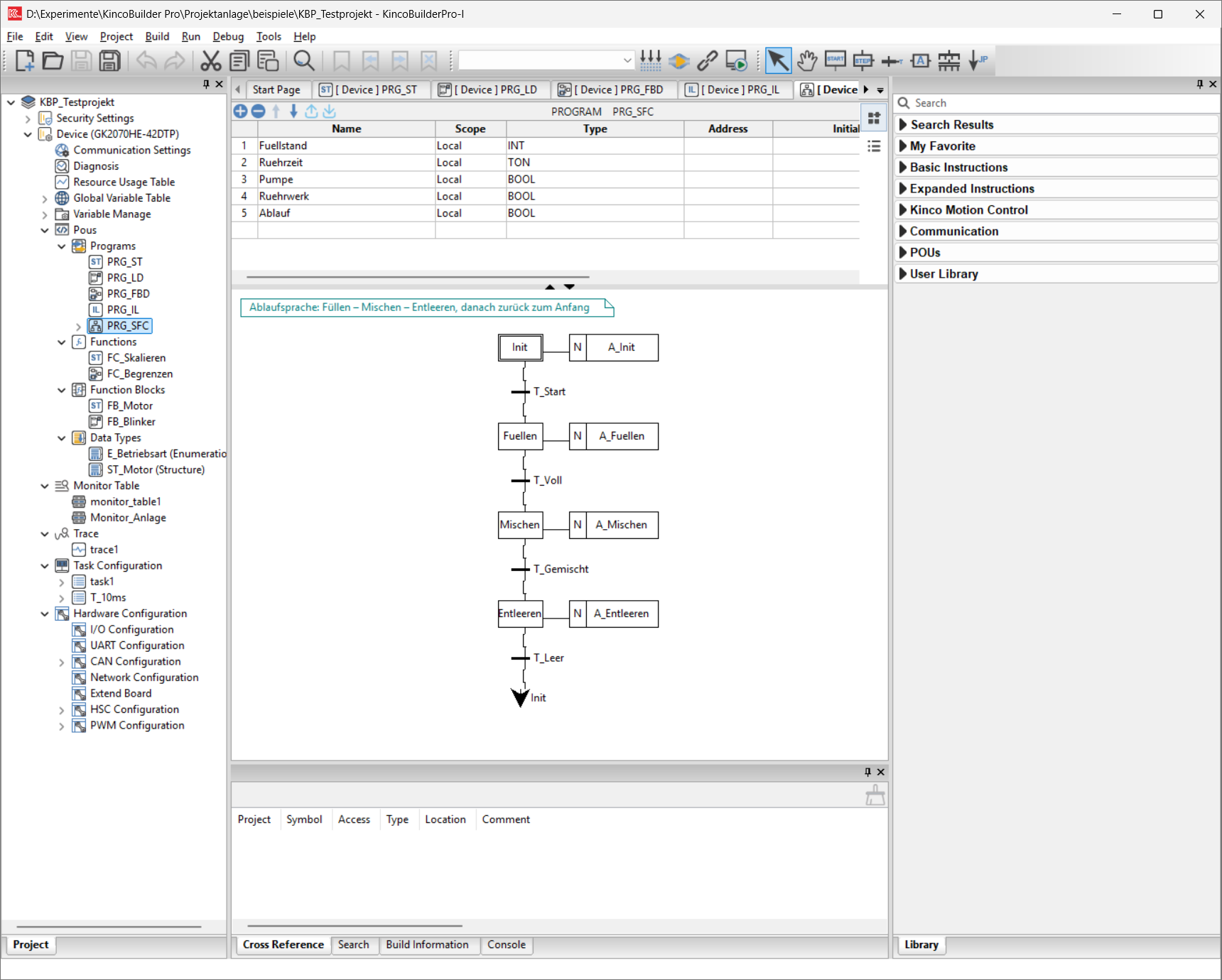 Kinco Builder Pro: sequential function chart (SFC) with a fill, mix and drain sequence