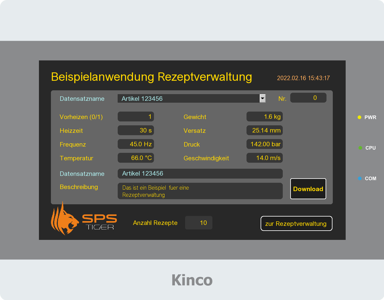 Beispielprogramm für eine einfache Rezeptauswahl und Rezeptverwaltung für Kinco HMI