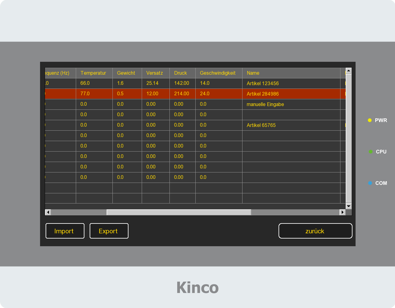 Beispielprogramm für eine einfache Rezeptauswahl und Rezeptverwaltung für Kinco HMI
