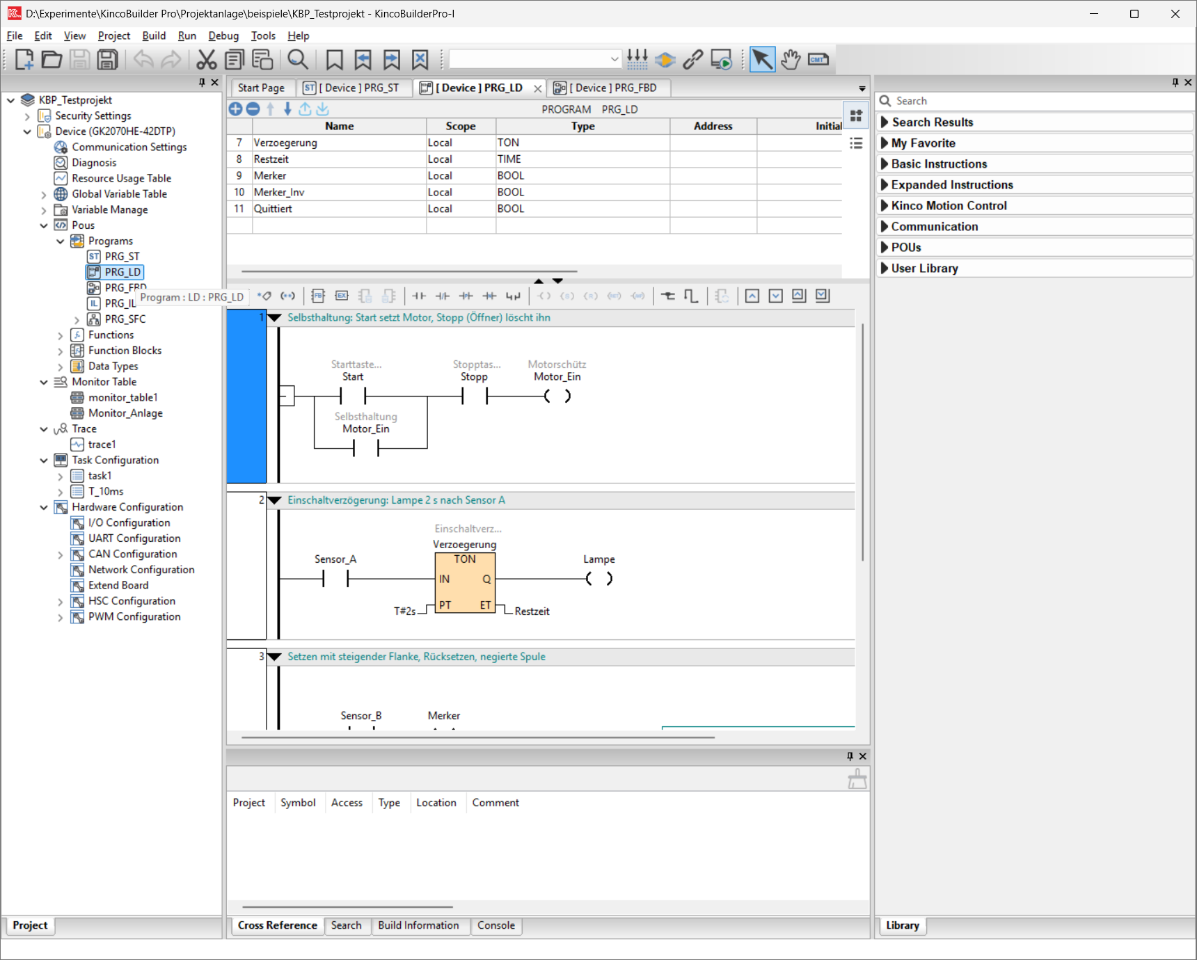Kinco Builder Pro: ladder diagram (LD) with latching circuit and on-delay timer