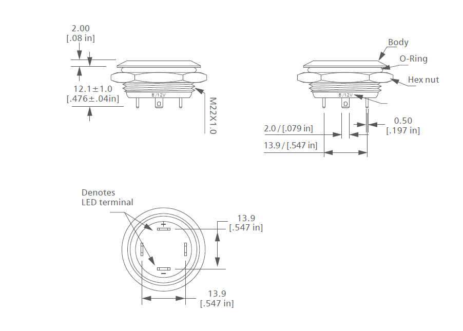 LED-Taster Langir L22U M22 ultrakurz mit Ring LED